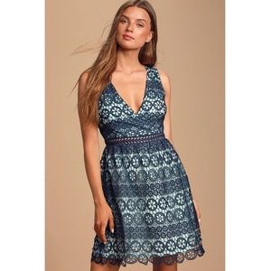 Navy Blue Crochet Lace Sleeveless Skater Dress M
